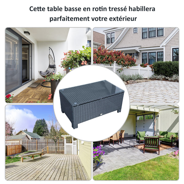 Table Basse de Jardin Plateau Verre trempé 5 mm rotin tressé 85 x 50 x 39cm Max. 50 kg Noir