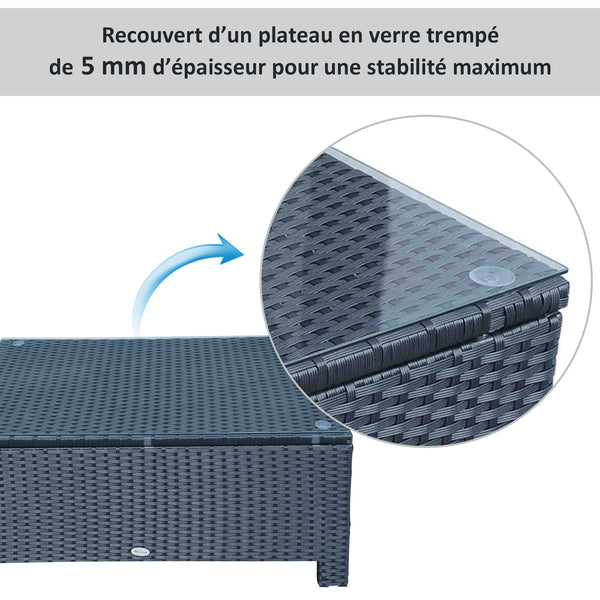 Table Basse de Jardin Plateau Verre trempé 5 mm rotin tressé 85 x 50 x 39cm Max. 50 kg Noir