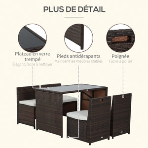Ensemble salon de jardin encastrable 4 chaises monoblocs avec coussins déhoussables et table résine tressée chocolat