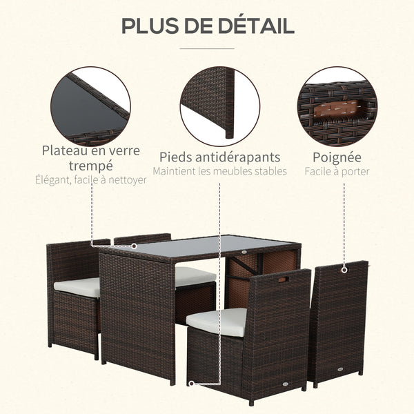 Ensemble salon de jardin encastrable 4 chaises monoblocs avec coussins déhoussables et table résine tressée chocolat