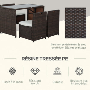 Ensemble salon de jardin encastrable 4 chaises monoblocs avec coussins déhoussables et table résine tressée chocolat