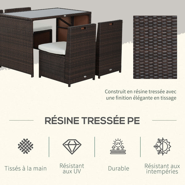 Ensemble salon de jardin encastrable 4 chaises monoblocs avec coussins déhoussables et table résine tressée chocolat