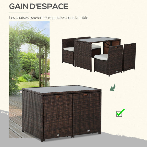 Ensemble salon de jardin encastrable 4 chaises monoblocs avec coussins déhoussables et table résine tressée chocolat