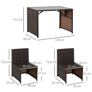 Ensemble salon de jardin encastrable 4 chaises monoblocs avec coussins déhoussables et table résine tressée chocolat