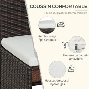 Ensemble salon de jardin encastrable 4 chaises monoblocs avec coussins déhoussables et table résine tressée chocolat