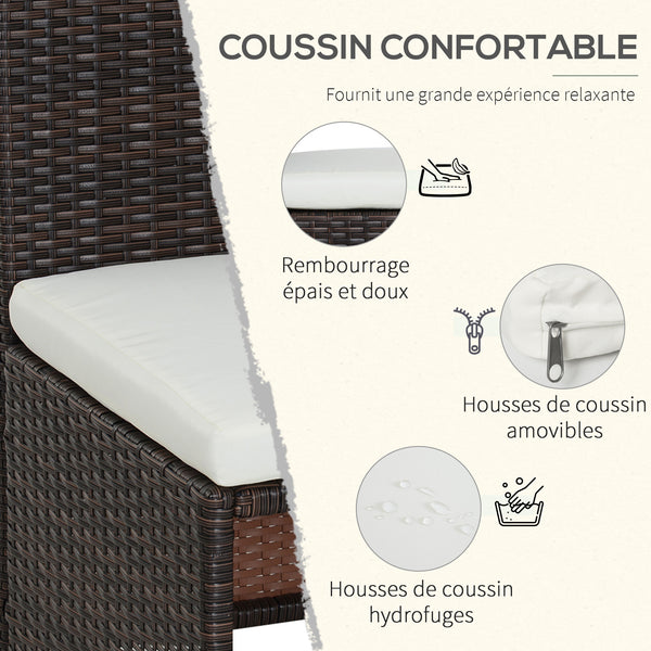 Ensemble salon de jardin encastrable 4 chaises monoblocs avec coussins déhoussables et table résine tressée chocolat