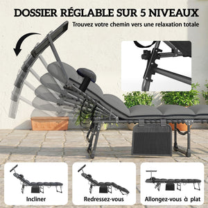 - 2 pliable sun loungers with sunshade, cushion, 5 adjustable positions, side pocket, portable for camping, beach, terrace, dark grey