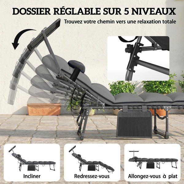 - 2 pliable sun loungers with sunshade, cushion, 5 adjustable positions, side pocket, portable for camping, beach, terrace, dark grey