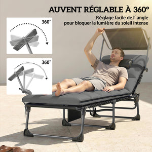 - 2 pliable sun loungers with sunshade, cushion, 5 adjustable positions, side pocket, portable for camping, beach, terrace, dark grey