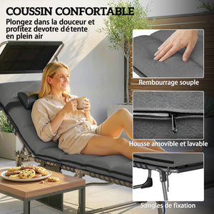 - 2 pliable sun loungers with sunshade, cushion, 5 adjustable positions, side pocket, portable for camping, beach, terrace, dark grey