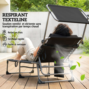 - 2 pliable sun loungers with sunshade, cushion, 5 adjustable positions, side pocket, portable for camping, beach, terrace, dark grey