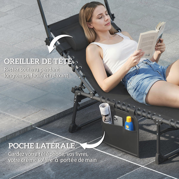 - 2 pliable sun loungers with sunshade, cushion, 5 adjustable positions, side pocket, portable for camping, beach, terrace, dark grey