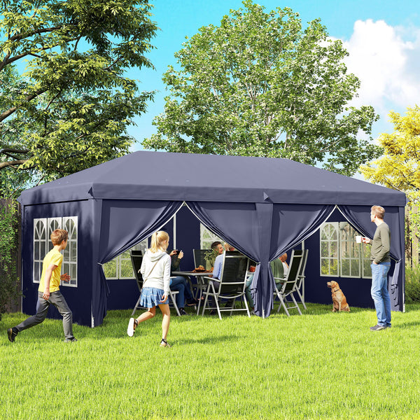 Tonnelle de jardin pliante 6 x 3 m tonnelle de jardin extérieure barnum pliant pop-up imperméabilisé 4 parois latérales amovibles 4 fenêtres + sac de transport bleu