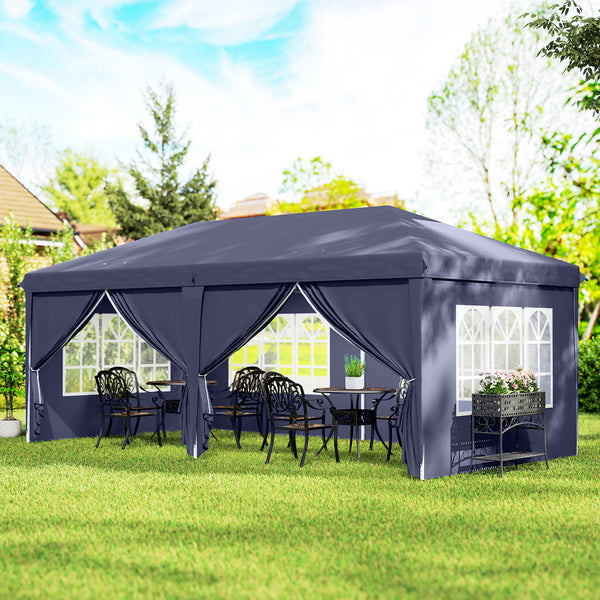 Tonnelle de jardin pliante 6 x 3 m tonnelle de jardin extérieure barnum pliant pop-up imperméabilisé 4 parois latérales amovibles 4 fenêtres + sac de transport bleu