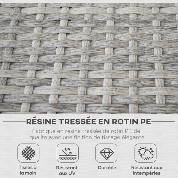 Ensemble salon de jardin 7 pièces modulables table basse plateau verre trempé coussins déhoussables inclus résine tressée imitation rotin gris