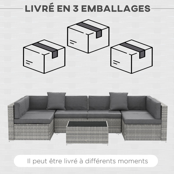 Ensemble salon de jardin 7 pièces modulables table basse plateau verre trempé coussins déhoussables inclus résine tressée imitation rotin gris