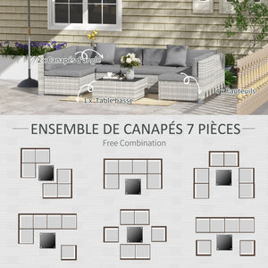 Ensemble salon de jardin 7 pièces modulables table basse plateau verre trempé coussins déhoussables inclus résine tressée imitation rotin gris