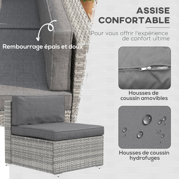 Ensemble salon de jardin 7 pièces modulables table basse plateau verre trempé coussins déhoussables inclus résine tressée imitation rotin gris