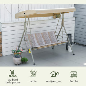 Balancelle de Jardin 3 Places Grand Confort Toit Inclinaison réglable épais Coussins Amovibles Polyester Acier époxy marron clair