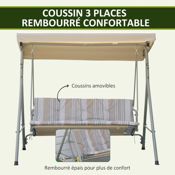 Balancelle de Jardin 3 Places Grand Confort Toit Inclinaison réglable épais Coussins Amovibles Polyester Acier époxy marron clair