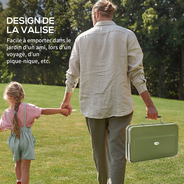 Mini barbecue à charbon BBQ portable avec coque de valise barbecue de table pliable pour jardin, camping, pique-nique, dim. 47L x 30l x 28H cm vert