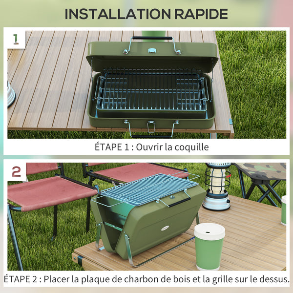 Mini barbecue à charbon BBQ portable avec coque de valise barbecue de table pliable pour jardin, camping, pique-nique, dim. 47L x 30l x 28H cm vert