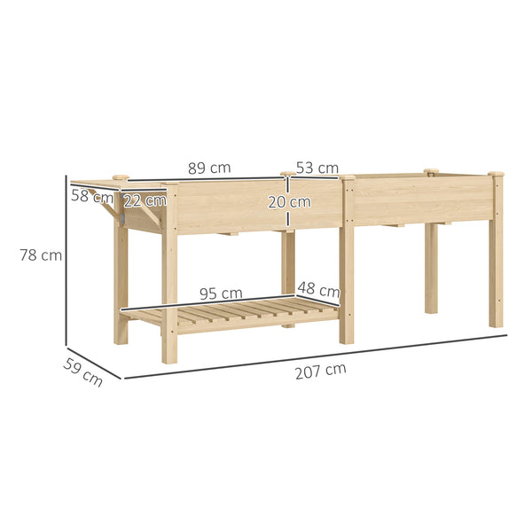 Jardinière sur pieds, carré potager de jardin sur pieds, 2 bacs avec séparateur, tablette pliable et étagère inférieure, potager surélevé en bois pour fleurs, 207 x 59 x 78 cm, bois naturel
