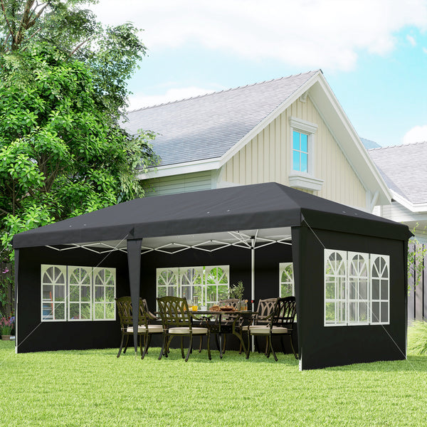 Tonnelle de jardin extérieure pop-up pliante - tente de réception - 3 x 6 m - pavillon chapiteau barnum - 3 cotés démontables - piquets d'ancrage au sol + sac de transport inclus noir