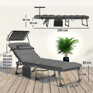 - 2 pliable sun loungers with sunshade, cushion, 5 adjustable positions, side pocket, portable for camping, beach, terrace, dark grey