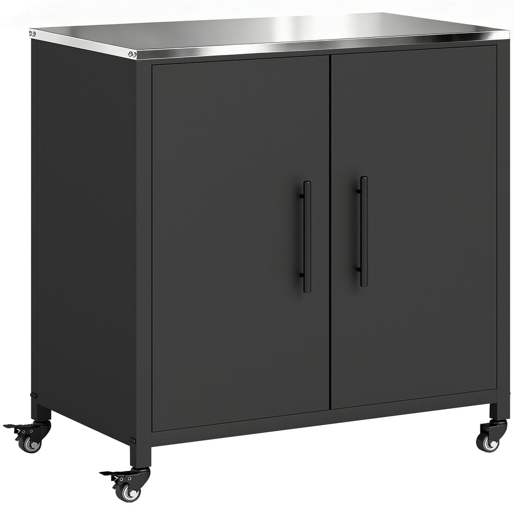 Armoire de jardin en Métal Extérieur, Armoire de Rangement de Jardin avec Toit en Acier Inoxydable et Roulettes, Portes Magnétique et Étagère Amovible, 80 x 50 x 90 cm, Noir