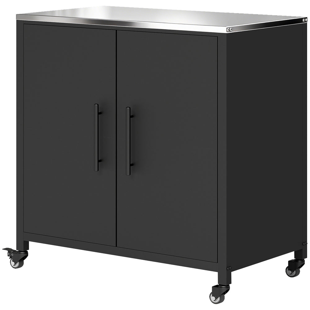 Armoire de jardin en Métal Extérieur, Armoire de Rangement de Jardin avec Toit en Acier Inoxydable et Roulettes, Portes Magnétique et Étagère Amovible, 80 x 50 x 90 cm, Noir