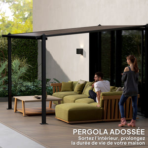Pergola jardin extérieur en aluminium 3 x 3 m pergola adossée avec toit en polycarbonate imperméable, système de drainage, tonnelle de jardin abri soleil UPF30+ pour terrasse patio cour, gris