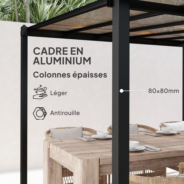 Pergola jardin extérieur en aluminium 3 x 3 m pergola adossée avec toit en polycarbonate imperméable, système de drainage, tonnelle de jardin abri soleil UPF30+ pour terrasse patio cour, gris