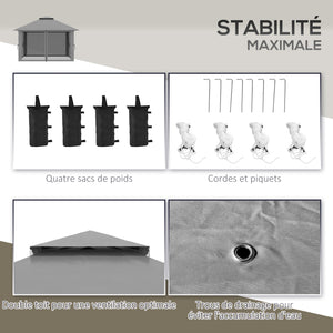 Tonnelle de jardin extérieur barnum de jardin pop-up tente pliant 4 x 4 m double toit protection UV 50+ 4 moustiquaires, 4 sacs de sable, 1 sac de transport tissu Oxford métal gris