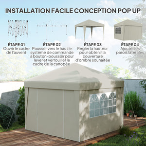 Tonnelle de jardin pop-up pliante tonnelle barnum tente de réception 3 x 3 m anti-UV 30 + avec fenêtres parois latérales sac de transport crème
