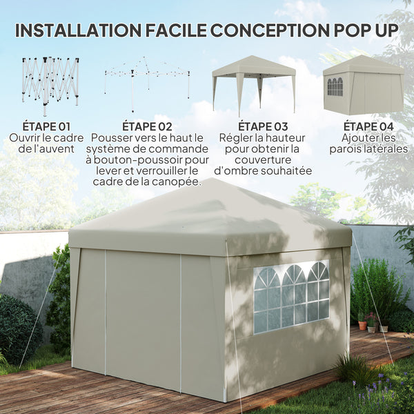 Tonnelle de jardin pop-up pliante tonnelle barnum tente de réception 3 x 3 m anti-UV 30 + avec fenêtres parois latérales sac de transport crème