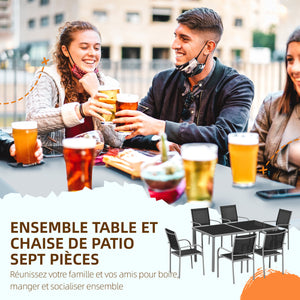 Ensemble de jardin, salon de jardin, 7 pièces, 6 chaises et 1 table en acier, chaises empilables, plateau en verre trempé, noir