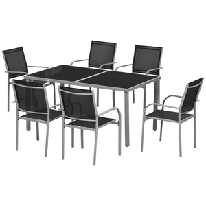 Ensemble de jardin, salon de jardin, 7 pièces, 6 chaises et 1 table en acier, chaises empilables, plateau en verre trempé, noir