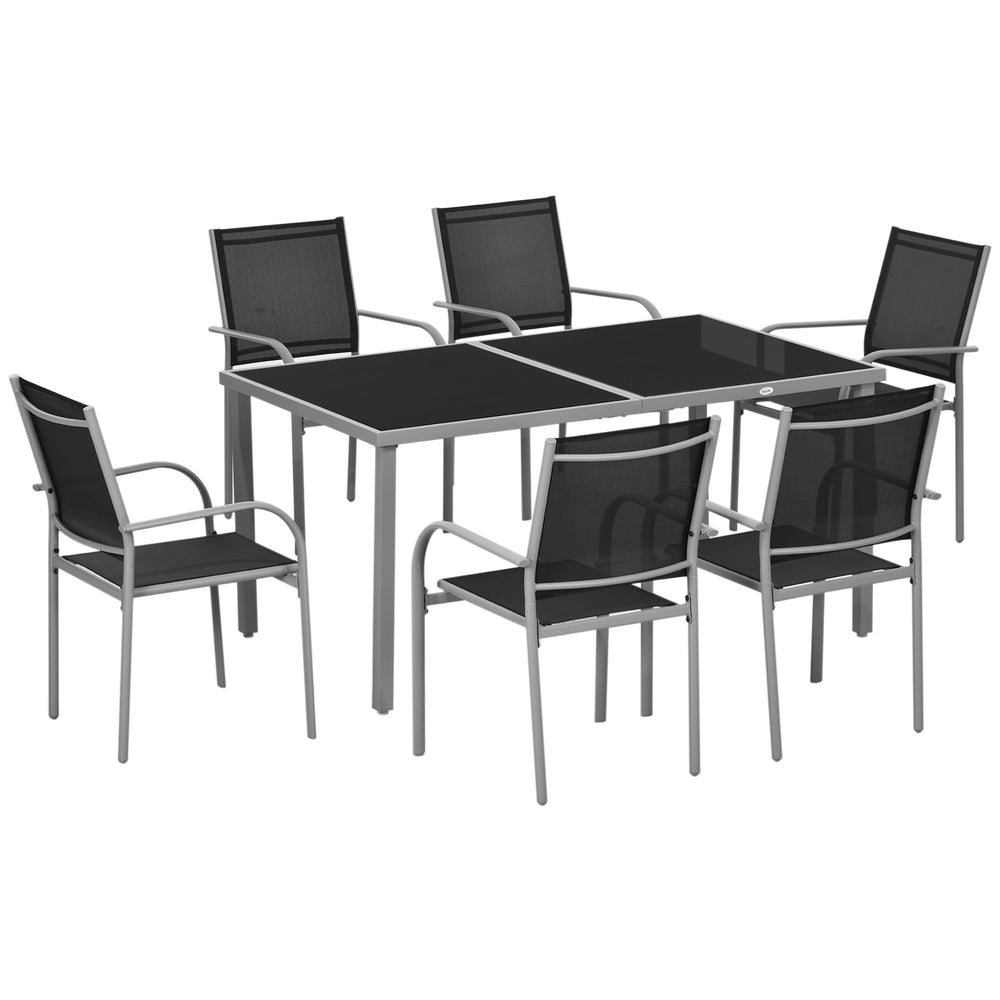 Ensemble de jardin, salon de jardin, 7 pièces, 6 chaises et 1 table en acier, chaises empilables, plateau en verre trempé, noir