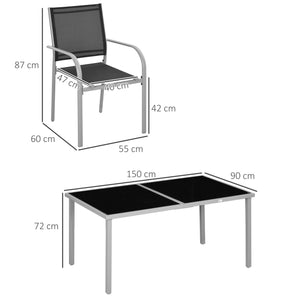 Ensemble de jardin, salon de jardin, 7 pièces, 6 chaises et 1 table en acier, chaises empilables, plateau en verre trempé, noir