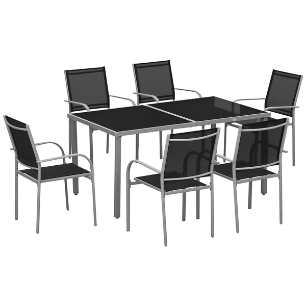 Ensemble de jardin, salon de jardin, 7 pièces, 6 chaises et 1 table en acier, chaises empilables, plateau en verre trempé, noir