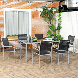 Ensemble de jardin, salon de jardin, 7 pièces, 6 chaises et 1 table en acier, chaises empilables, plateau en verre trempé, noir