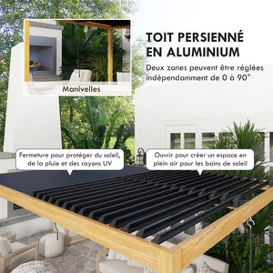 Pergola bioclimatique en aluminium 3 x 4 m pergola jardin extérieur avec lames orientables manivelle, style contemporain - noir et naturel effet grain de bois