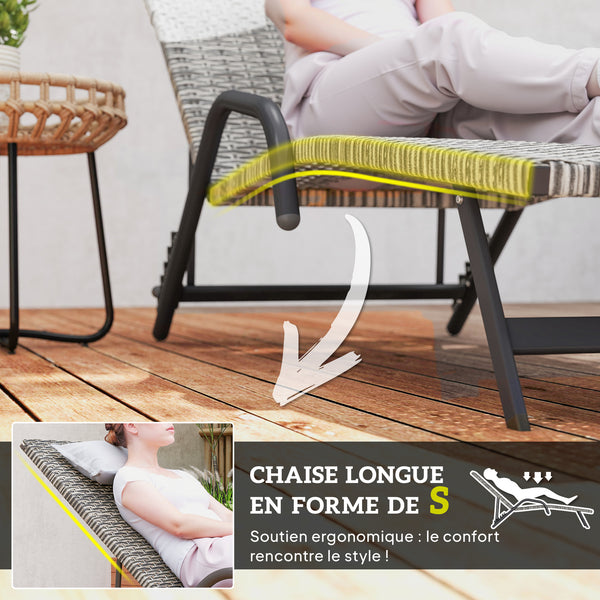 Bain de soleil en résine tressée, chaise longue transat jardin extérieur inclinable et réglable sur 4 niveaux, en forme de S, pour camping piscine terrasse, 156 x 62 x 96 cm, marron