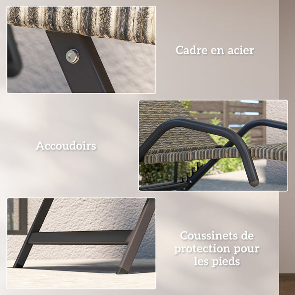 Bain de soleil en résine tressée, chaise longue transat jardin extérieur inclinable et réglable sur 4 niveaux, en forme de S, pour camping piscine terrasse, 156 x 62 x 96 cm, marron