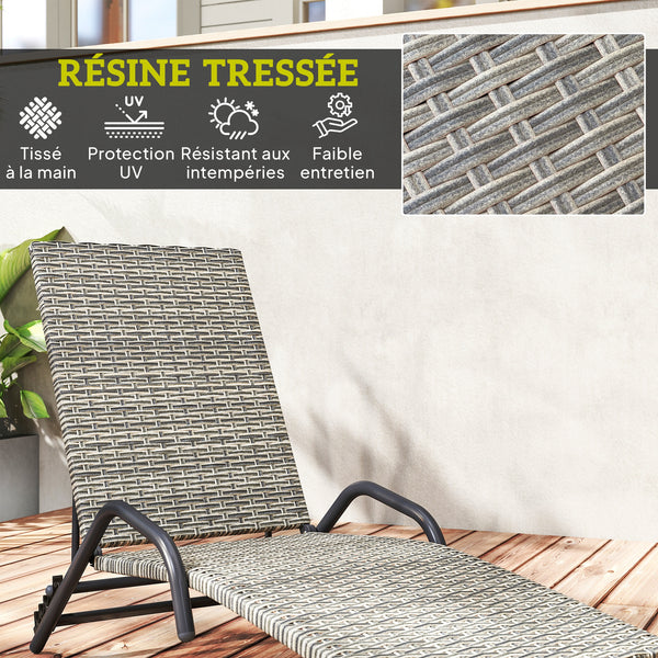 Bain de soleil en résine tressée, chaise longue transat jardin extérieur inclinable et réglable sur 4 niveaux, en forme de S, pour camping piscine terrasse, 156 x 62 x 96 cm, marron