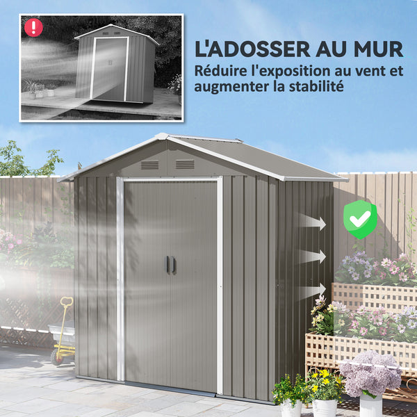 Abri de jardin en métal 1,8 m², cabane de jardin à outils en métal, 194 x 110 x 184 cm, grand espace de rangement extérieur avec portes coulissantes et 4 aérations, gris
