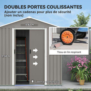 Abri de jardin en métal 1,8 m², cabane de jardin à outils en métal, 194 x 110 x 184 cm, grand espace de rangement extérieur avec portes coulissantes et 4 aérations, gris