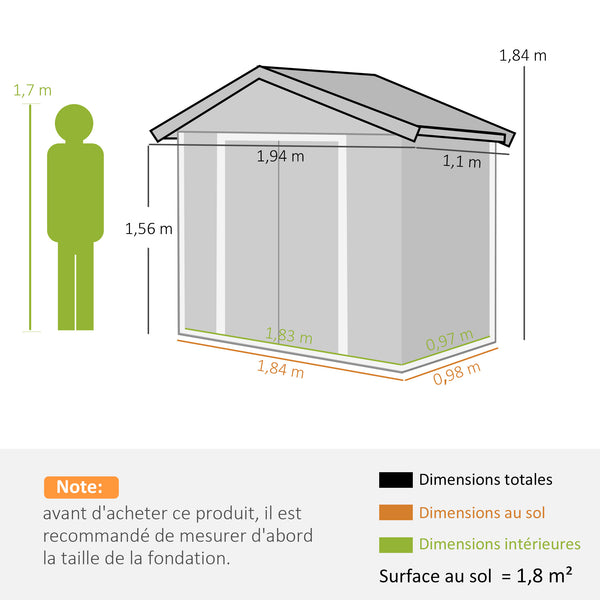 Abri de jardin en métal 1,8 m², cabane de jardin à outils en métal, 194 x 110 x 184 cm, grand espace de rangement extérieur avec portes coulissantes et 4 aérations, gris