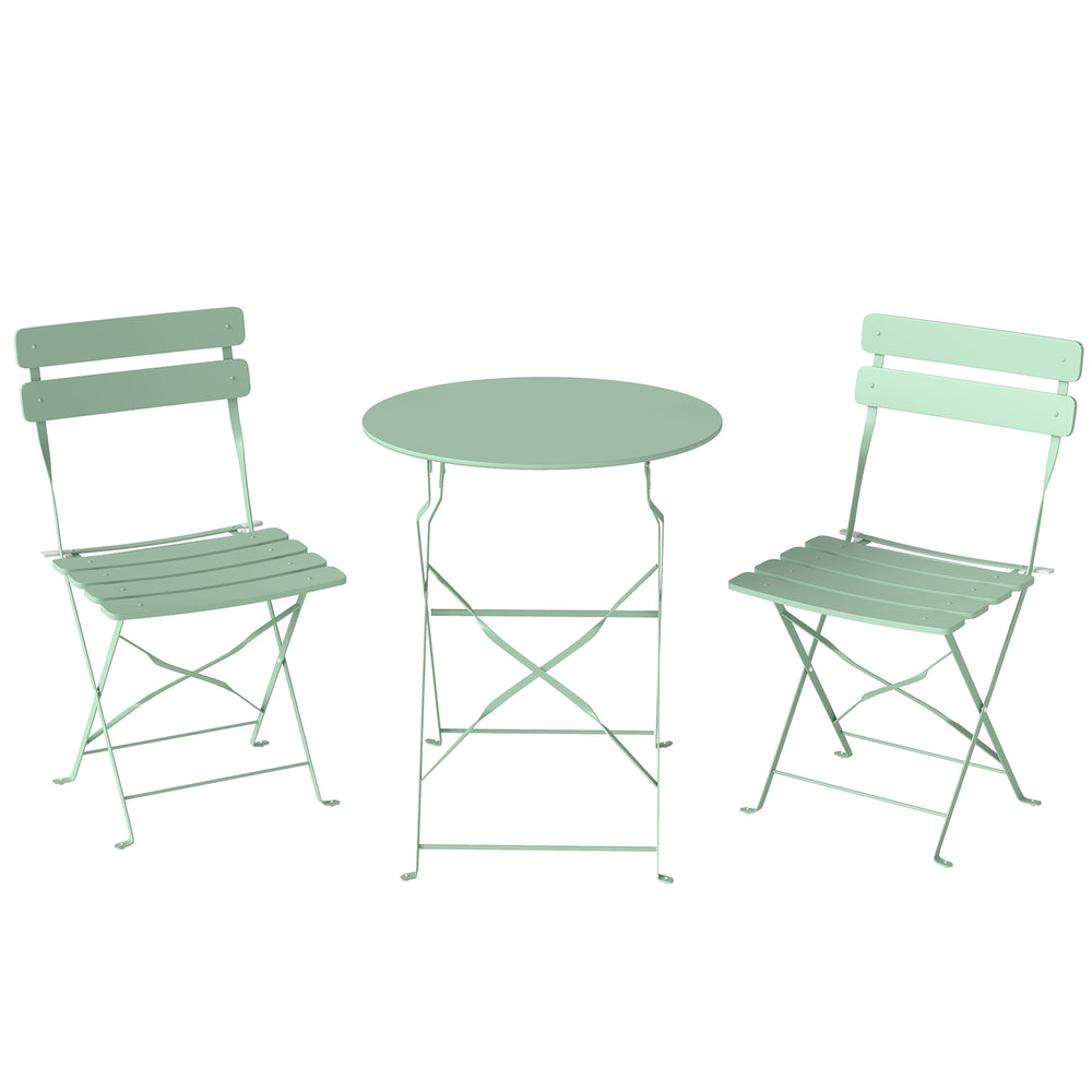 Ensemble bistro de jardin 3 pièces pliable - Table bistrot et 2 chaises à lames, pieds doubles en X, résistant à la rouille - Ensemble balcon extérieur Vert